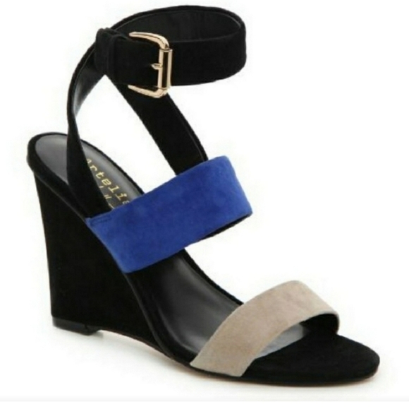 NICOLE MILLER ARTELIER Wiley Suede Wedge Sandal - Black/Blue/Taupe - Size 5.5 - Picture 2 of 8